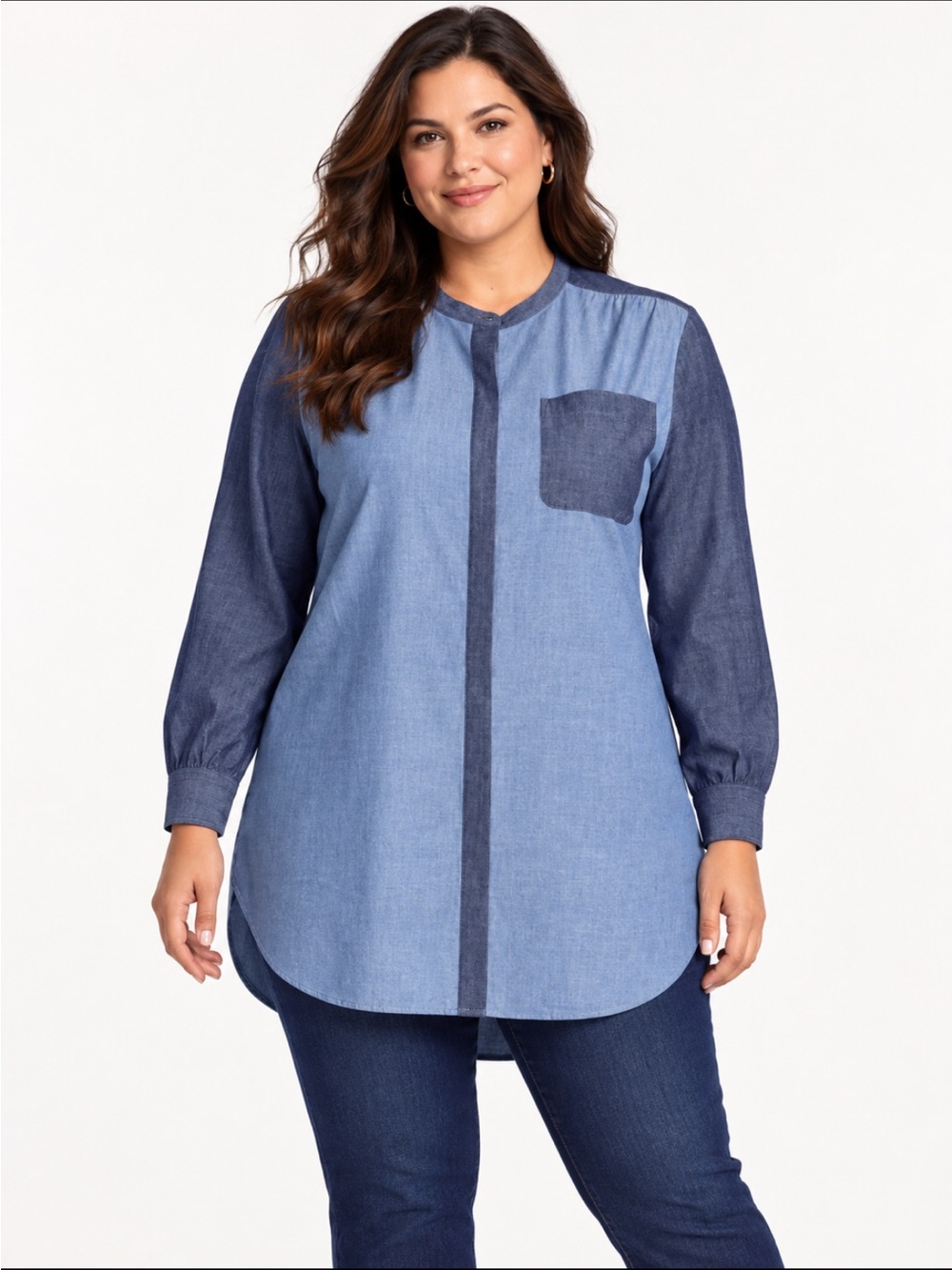 LandsEnd Women’s Plus Long Sleeve Breathable 100% Cotton Chambray Aline Tunic